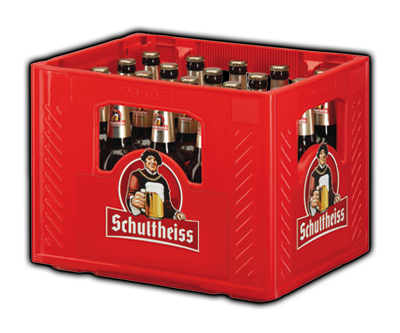 Rote Getränkekiste mit zwanzig Flaschen eines dunklen Getränks.