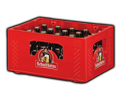 Rote Getränkekiste mit zwanzig dunklen Glasflaschen ist auf weißem Hintergrund.