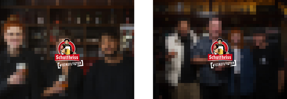 Zwei verpixelte Bilder von zwei Menschengruppen, jeweils davor ein stilisiertes Logo mit dem Schriftzug Schultheiss Kiezgeflüster.