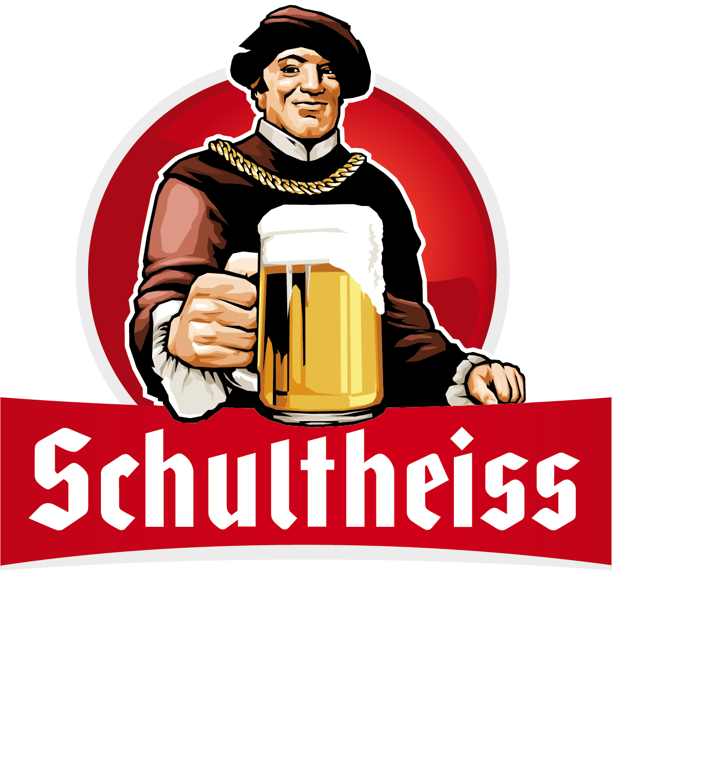 Ein lächelnder Mann in historischer Kleidung hält ein volles Bierglas. Der Hintergrund ist rot mit einem Logo in Weiß.